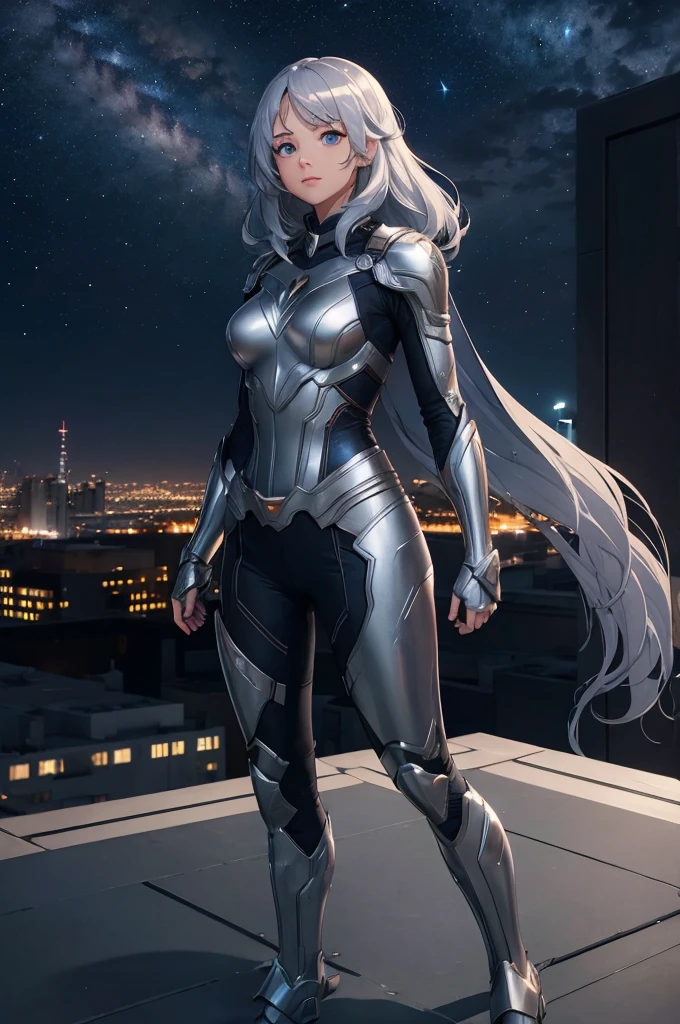 Girl, superhero, heroine, silver costume, armor, on a rooftop, night sky, skyline, high quality, best quality, masterpiece, 4K, 8K