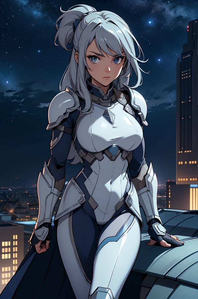 Girl, superhero, heroine, silver costume, armor, on a rooftop, night sky, skyline, high quality, best quality, masterpiece, 4K, 8K