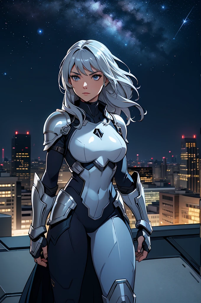 Girl, superhero, heroine, silver costume, armor, on a rooftop, night sky, skyline, high quality, best quality, masterpiece, 4K, 8K