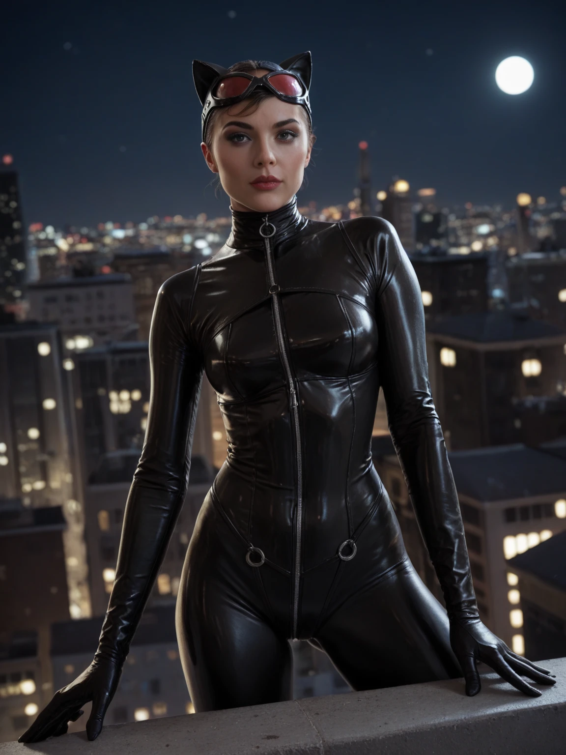 score_9, score_8_up, score_7_up, score_6_up, score_5_up, score_4_up, realistic style, photorealism, catwoman, in a black latex outfit, athletic build, posing on the roof of a skyscraper, looking at the viewer, night, dark lighting, depth of field, bokeh, tag1,  tag2