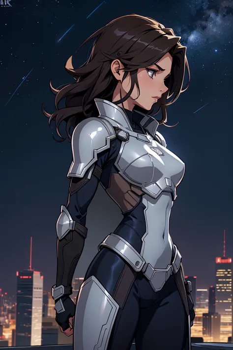 Girl, small bust, dark hair, superhero, heroine, silver costume, armor, on a rooftop, night sky, skyline, high quality, best qua...