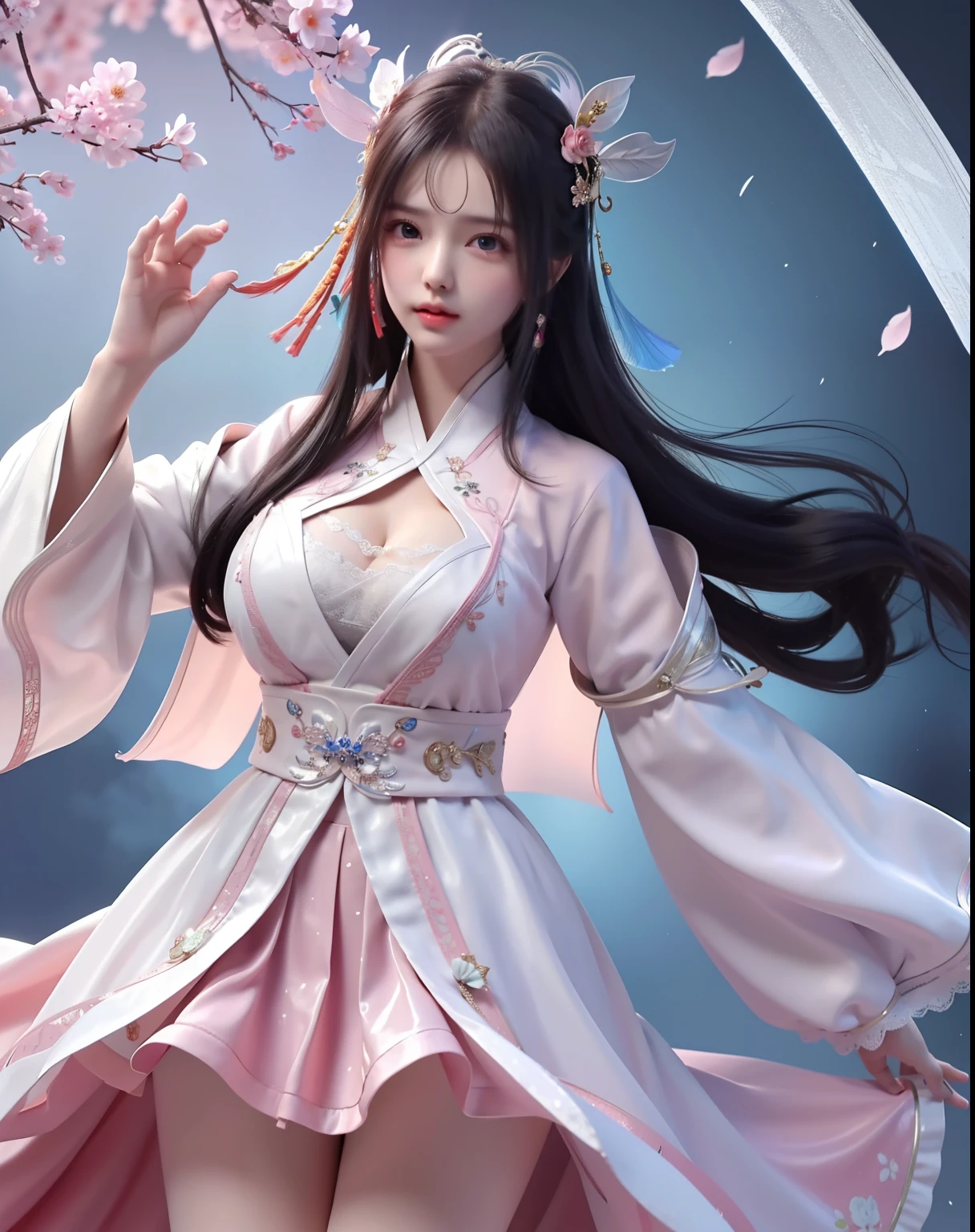 (8k, RAW photo:1.2), best quality, ultra high res,dramatic angle,(fluttered detailed color splashs), (illustration),(((1 girl))),(long hair),(rain:0.9), (Headdress:1.4),There is an ancient palace beside the girl,Hanfu,(Key Points),Color ink painting,(Splash of Color),Splash of Color,(((colorful))),(sketch:0.8) , Masterpiece, best quality, beautiful painted, highly detailed,(denoising:0.6),[splash ink],((ink refraction)), (beautiful detailed sky),moon,highly,detaild,(masterpiece, best quality, extremely detailed） CG Unity 8k Wallpaper，masterpiece，best quality，Ultra Detailed），（Lycoris）. hanfu open v   open V-chested clothes Thin silk lace dress , (huge ，cleavage),, white pink, blue ，best qualtiy，tmasterpiece，Ultra-high resolution，（Reality：1.4），RAW photogr，（True skin texture：1.3），（filmgrain：1.3），（Selfie angle），1个Giant Breast Girl，Beautiful eye and face details，tmasterpiece，Best quality at best，，The chest more exposed， detailed hair, bra pink , detail 8k, upper body, lace petticoat