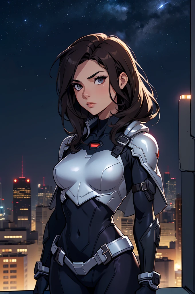 Girl, small bust, dark hair, superhero, heroine, silver costume, on a rooftop, night sky, skyline, high quality, best quality, masterpiece, 4K, 8K