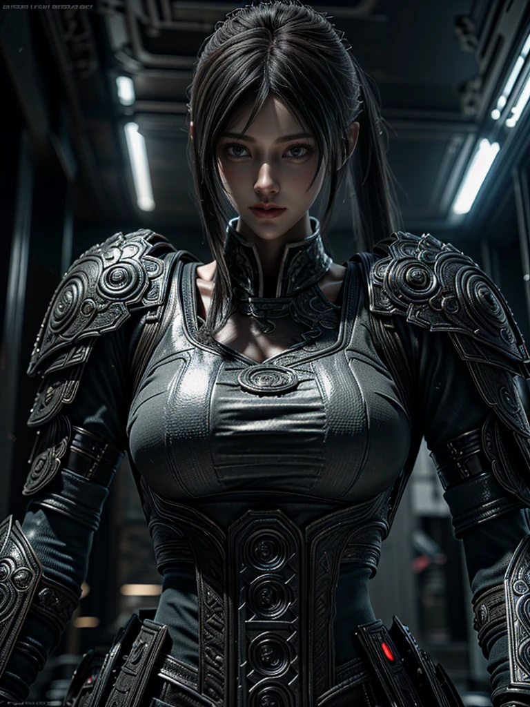 Game art，The best picture quality，Highest resolution，8K，(A bust photograph)，(A bust:1.5)，(Portrait)，(Head close-up)，(Rule of thirds)，Unreal Engine 5 rendering works， (The Girl of the Future)，(Female Warrior)， 
20-year-old girl，An eye rich in detail，(Big breasts)，Elegant and noble，indifferent，brave，
(Future style combat suit combining the characteristics of ancient armor，Ancient runes of light，Combat accessories with rich detailetallic luster)，Future police，cyberpunk characters，

photo poses，simple background，Movie lights，Ray tracing，Game CG，((3D Unreal Engine))，OC rendering reflection pattern