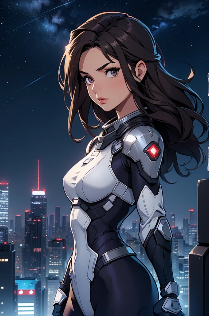 Girl, small bust, dark hair, superhero, heroine, silver costume, on a rooftop, night sky, skyline, high quality, best quality, masterpiece, 4K, 8K