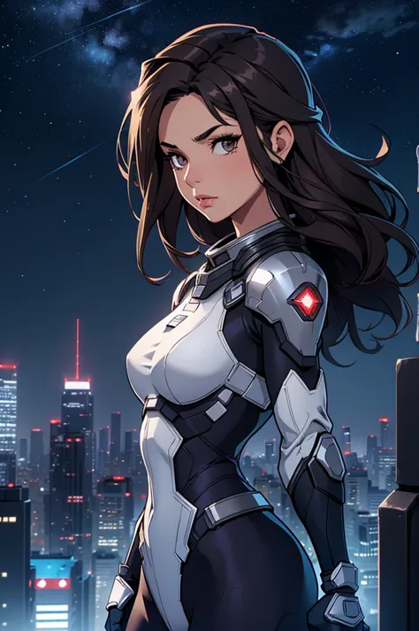 Girl, small bust, dark hair, superhero, heroine, silver costume, on a rooftop, night sky, skyline, high quality, best quality, m...