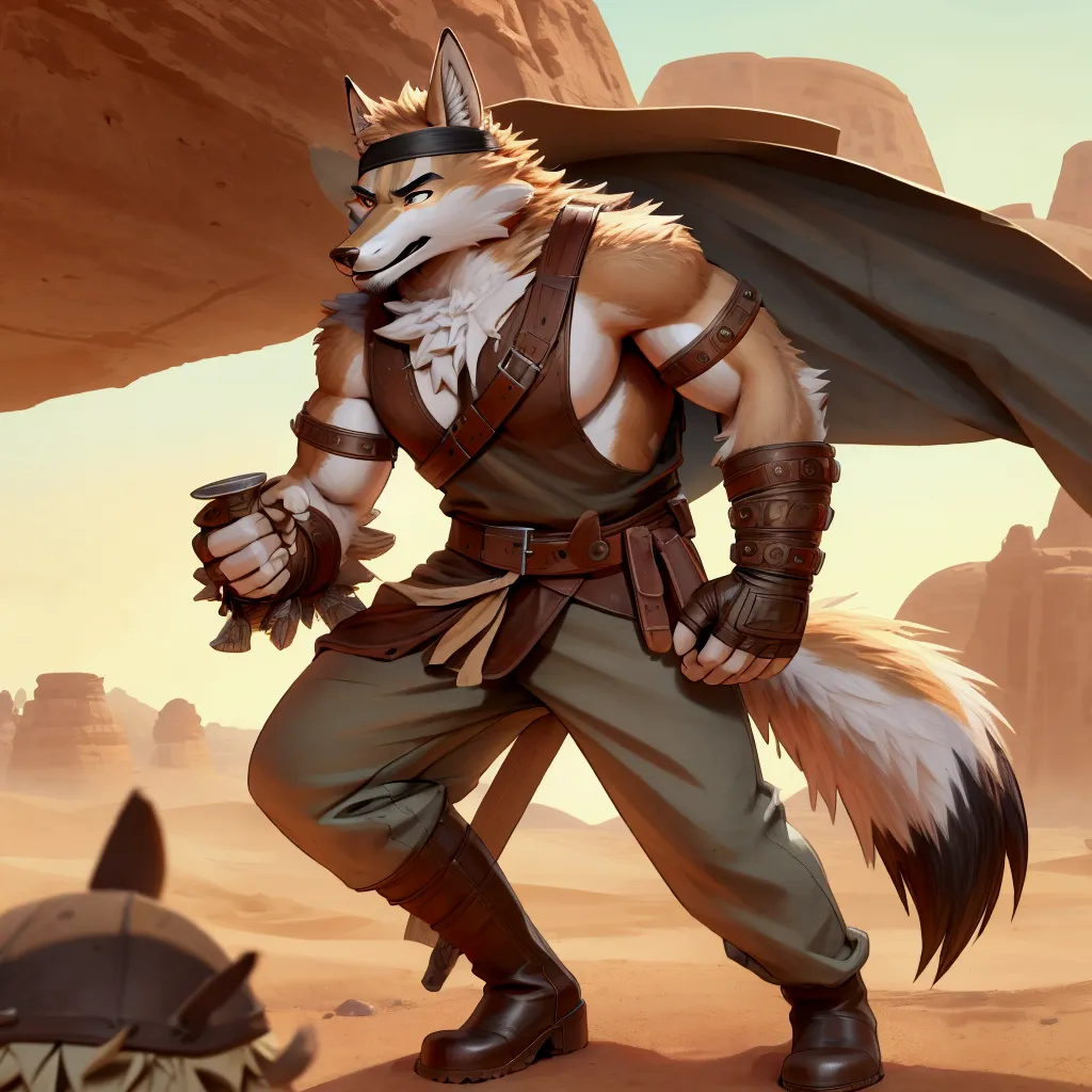 handsome young anthro furry desert coyote fox male, desert ancient times mercenary solider-assasin murderer, handsome model look...