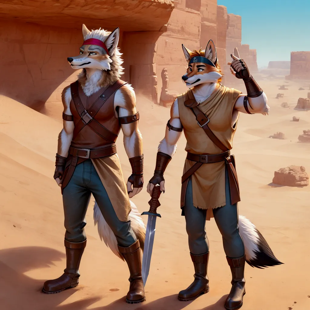 handsome young anthro furry desert coyote fox male, desert ancient times mercenary solider-assasin murderer, handsome model look...