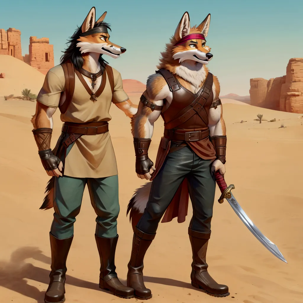 handsome young anthro furry desert coyote fox male, desert ancient times mercenary solider-assasin murderer, handsome model look...