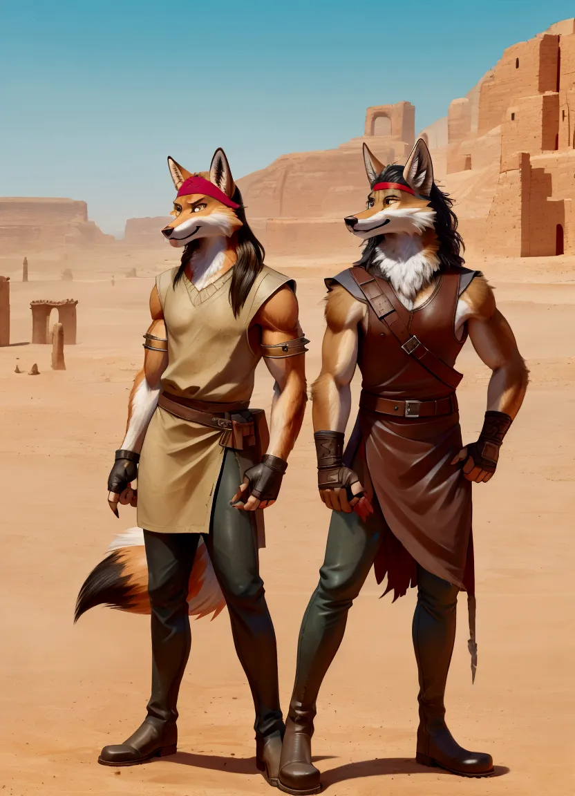 handsome young anthro furry desert coyote fox male, desert ancient times mercenary solider-assasin murderer, handsome model look...