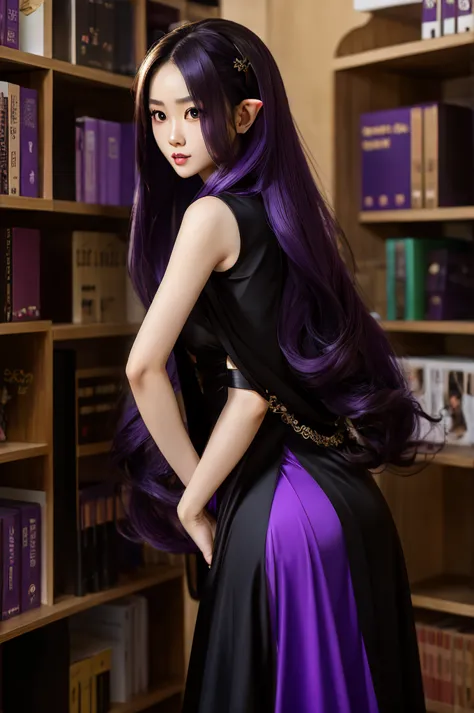 long purple hair, vietnamese, beautiful 23 year old woman, very attractive, brown eyes, elf ears, very cute, thin athletic body,...