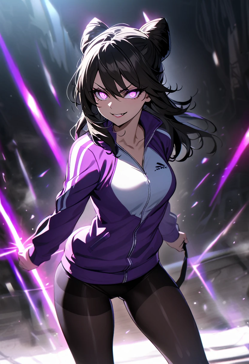 dark eye shadow,shining eyes,beautiful young fitness woman with , in a gym wearing May with black pantyhose, tight white and purple gym jacket. standing alone,hair horns,glowing purple eyes,Evil smile,legging preto ,labiaa,dark eye shadow,shining eyes
