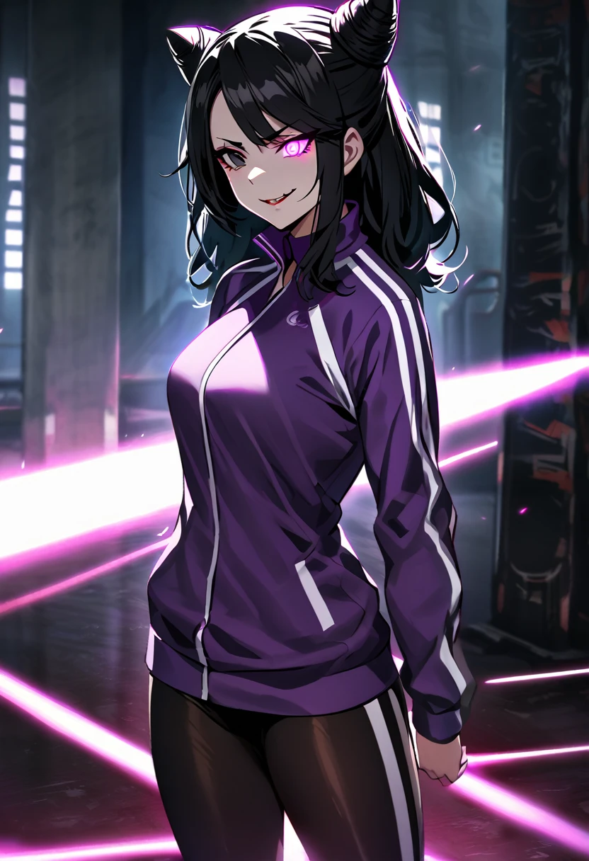 dark eye shadow,shining eyes,beautiful young fitness woman with , in a gym wearing May with black pantyhose, tight white and purple gym jacket. standing alone,hair horns,glowing purple eyes,Evil smile,legging preto ,labiaa,dark eye shadow,shining eyes
