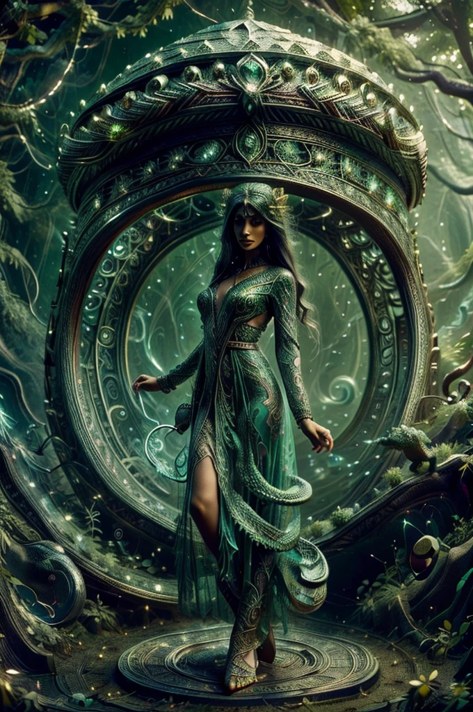 Create an image of a mystical snake woman, or Nagin, with long, flowing hair and piercing eyes that captivate and enchant. She is adorned with intricate jewelry, golden blouse with snake scale patterns, and stands with a majestic seven-headed snake behind her, each head poised and watchful. The setting is a mystical forest at dusk, with an ethereal glow illuminating her figure. The background is filled with lush greenery, ancient trees, and a hint of magical ambiance, perfect composition, hyperrealistic, super detailed, 8k, high quality, trending art, trending on artstation, sharp focus, studio photo, intricate details, highly detailed, art by greg rutkowski