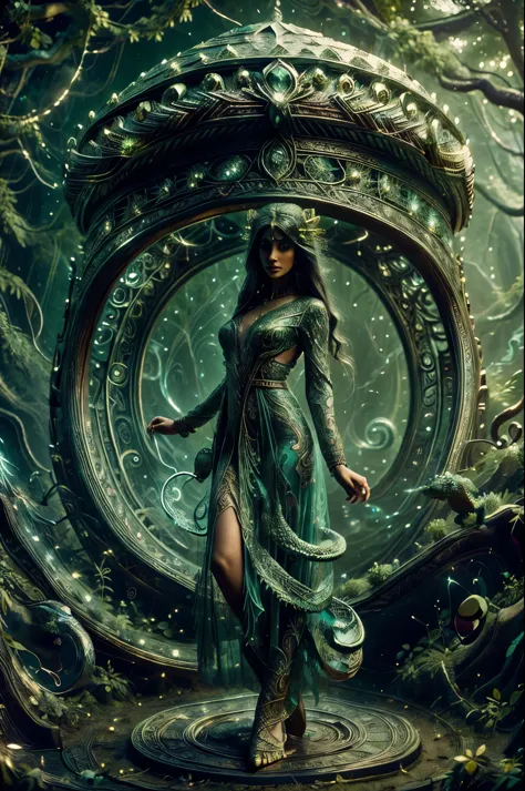 Create an image of a mystical snake woman, or Nagin, with long, flowing hair and piercing eyes that captivate and enchant. She i...