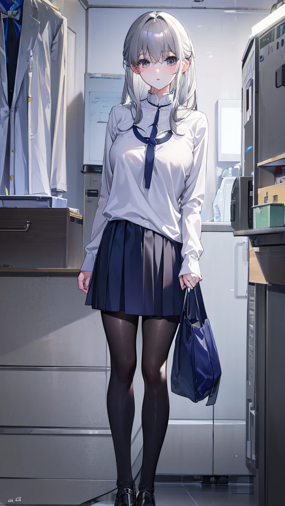 Gray thin sweater，Dress casually，Hang down at the sides of the shoulders，And it is matched with a white shirt，The lower body is a dark blue pleated skirt，Black stockings。