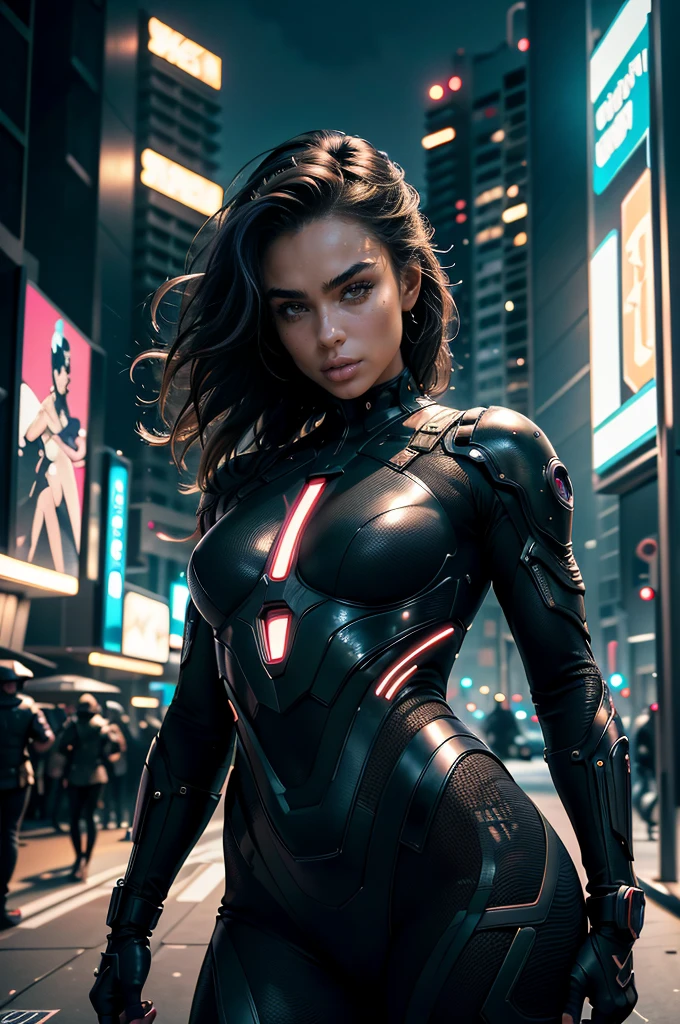 Sommer Ray will be depicted in the futuristic world of "Aeon Flux". The artwork will be created using the medium of digital illustration. The image quality should be at its best, with a resolution of 4k or 8k. It should be ultra-detailed and have a realistic, photorealistic appearance. The colors should be vivid and the lighting should be carefully designed to enhance the overall atmosphere of the scene. In the artwork, Charlize Theron's character will be portrayed with beautiful, detailed eyes and lips. Her face will be extremely detailed, capturing her unique features and expressions. She will be shown in a dynamic pose, reflecting her strong and confident personality. The background will be a futuristic cityscape, showcasing the sci-fi elements of the "Aeon Flux" universe. The city will be presented in a dark and moody color palette, with neon lights illuminating the streets. The composition will have a strong sense of depth, with layers of buildings and structures creating a visually striking image. The artwork will have a professional and polished look, with sharp focus and ultra-fine painting details. The use of HDR and studio lighting will further enhance the realism of the scene. The overall style of the artwork will be influenced by concept artists, combining elements of science fiction and dystopia. The final result should be a masterpiece that captures the essence of "Aeon Flux" and Charlize Theron's portrayal of the iconic character.