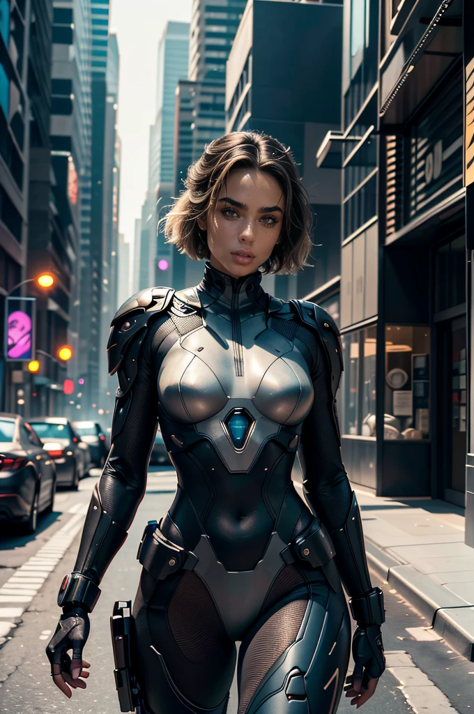 Sommer Ray will be depicted in the futuristic world of "Aeon Flux". The artwork will be created using the medium of digital illustration. The image quality should be at its best, with a resolution of 4k or 8k. It should be ultra-detailed and have a realistic, photorealistic appearance. The colors should be vivid and the lighting should be carefully designed to enhance the overall atmosphere of the scene. In the artwork, Charlize Theron's character will be portrayed with beautiful, detailed eyes and lips. Her face will be extremely detailed, capturing her unique features and expressions. She will be shown in a dynamic pose, reflecting her strong and confident personality. The background will be a futuristic cityscape, showcasing the sci-fi elements of the "Aeon Flux" universe. The city will be presented in a dark and moody color palette, with neon lights illuminating the streets. The composition will have a strong sense of depth, with layers of buildings and structures creating a visually striking image. The artwork will have a professional and polished look, with sharp focus and ultra-fine painting details. The use of HDR and studio lighting will further enhance the realism of the scene. The overall style of the artwork will be influenced by concept artists, combining elements of science fiction and dystopia. The final result should be a masterpiece that captures the essence of "Aeon Flux" and Charlize Theron's portrayal of the iconic character.