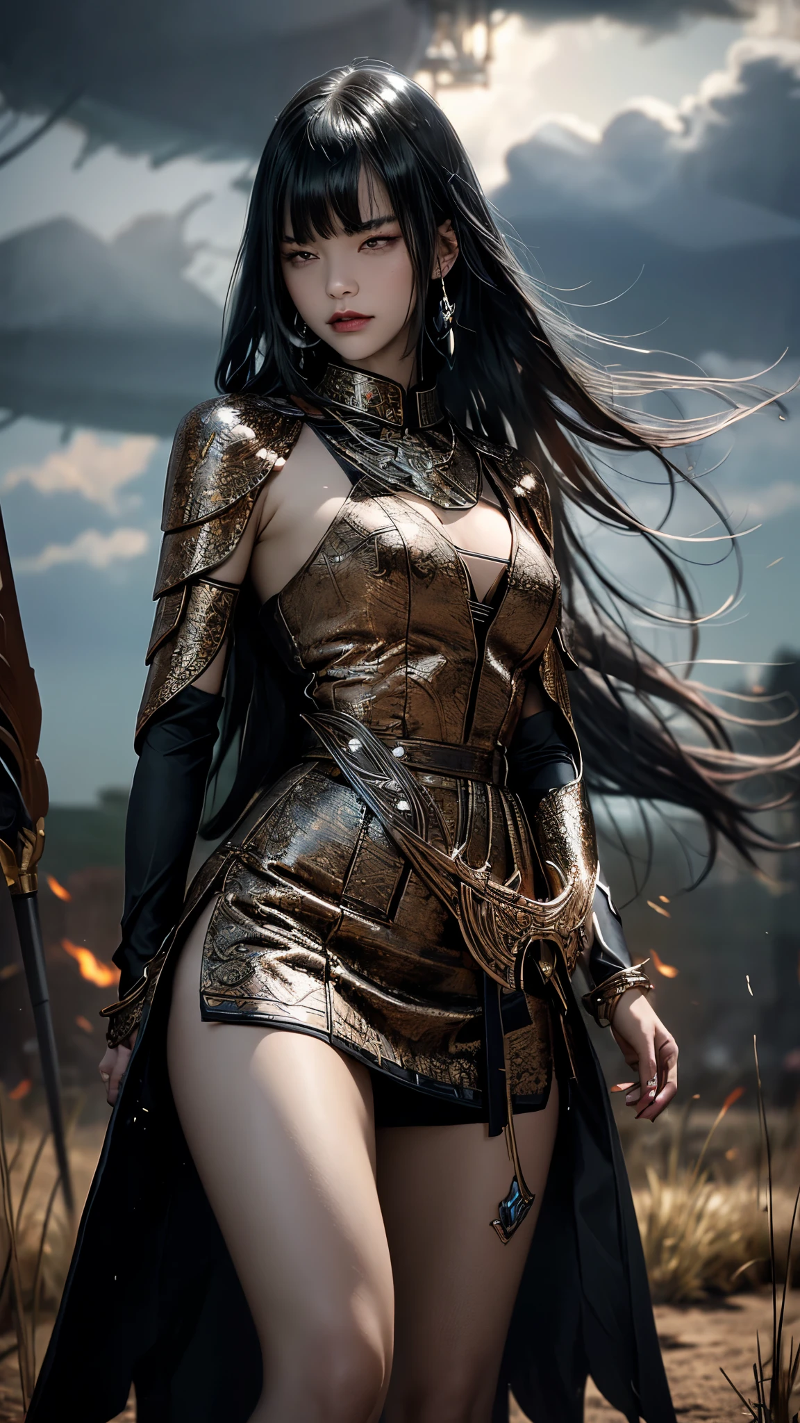 The female warrior's armor is a testament to her strength and determination. Each piece is intricately crafted, with symbols and designs that tell the story of her past battles. As she stands in the field, the stormy sky above seems to reflect her fierce spirit, ready to conquer any challenge that comes her way.