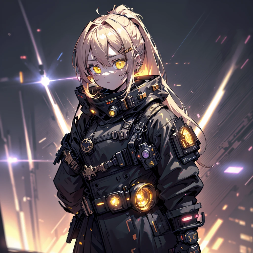 beautiful cyborg girl with long golden hair, gathered in a ponytail, piercing light yellow eyes, wear gold cyberpunk armor, against neon futuristic sci-fi film background, 8 K, ultra detailed, masterpiece, hyperrealistic, cinematic lighting, photorealistic,very cute and beautiful chibi anime girl, simple flat background, whole body, standing, very detailed face and eyes, Clearly stated, One