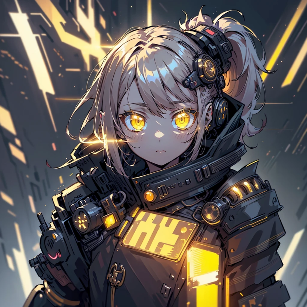 beautiful cyborg girl with long golden hair, gathered in a ponytail, piercing light yellow eyes, wear gold cyberpunk armor, against neon futuristic sci-fi film background, 8 K, ultra detailed, masterpiece, hyperrealistic, cinematic lighting, photorealistic,very cute and beautiful chibi anime girl, simple flat background, whole body, standing, very detailed face and eyes, Clearly stated, One