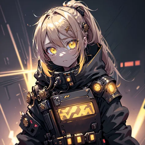 beautiful cyborg girl with long golden hair, gathered in a ponytail, piercing light yellow eyes, wear gold cyberpunk armor, agai...