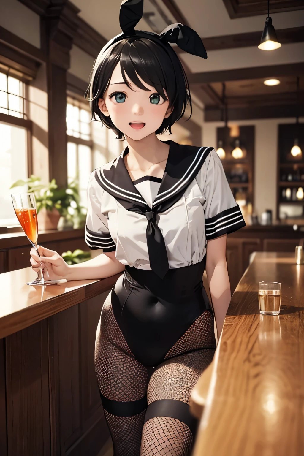 ((masterpiece,best quality)), highres, extremely detailed 8K wallpaper, depth_of_field, best shadow, (Colorful),(Delicate eyes and face), nice hand, Perfect hands, volumatic light, Ray tracing, BREAK
(1girl in), mogami \(kancolle\), black hair, short hair, black eyes / green eyes, swept bangs, small breasts, slender, skinny, open mouth, smile, blush, BREAK,
(wear white  top over black playboy_bunny leotard:1.3), (sailor collar:1.5), (red tie:1.3), (white fake animal ears), (Parted clothes at the top and bottom:1.2), (short sleeves:1.1), (black BunnyGirl Costume:0.8), (fishnet stockings:1.2), High heels, (rabbit_tail:1.2), BREAK,
Cowboy Shots, Looking at Viewer, stomach focus, inside the bar, Ultra detailed backgrounds,