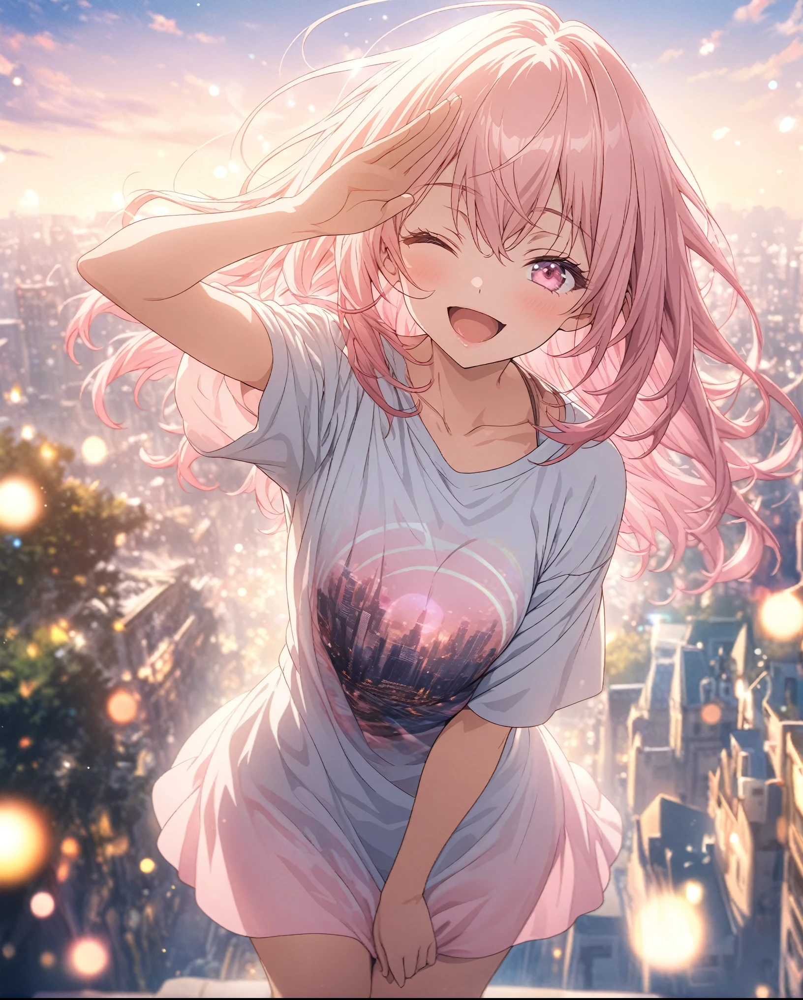 masterpiece, Highest quality, Highly detailed CG Unity 8K wallpapers, High School Girl Anime Illustration, An oversized t-shirt that reaches up to the knees、salute、she has her eyes closed and mouth open, smile. The background is a realistic city, Pink Hair Color, Pink Eyes, Pink eyelashes, Cowboy Shot, morning, bokeh photography, (soft focus):1.2, out-of-focus highlights, dreamy ambiance, glowing circles, mesmerizing depth