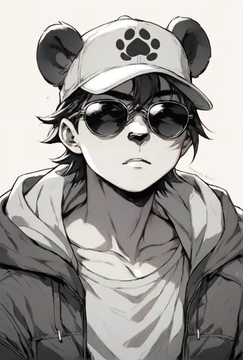 Boy Anime with sunglasses and a hat with a dog paw on it, high quality fanart, he wears an eyepatch, wearing sunglasses and cap,...