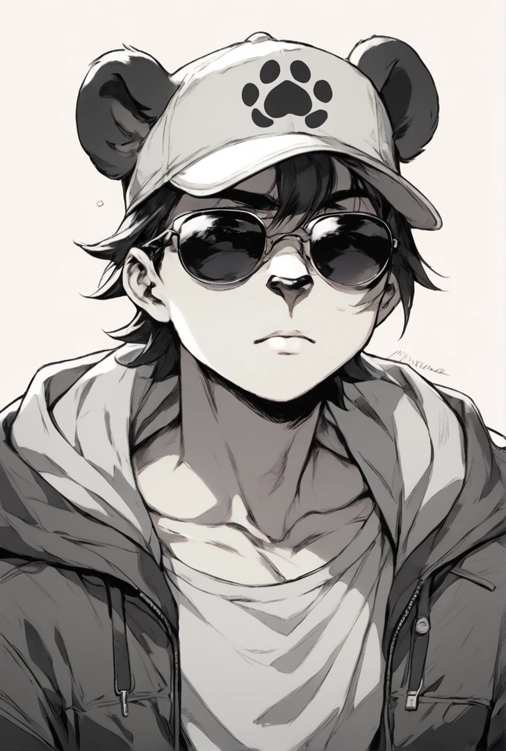 소년 애니메이션 with sunglasses and a hat with a dog paw on it, 고퀄리티 팬아트, 그는 안대를 착용하고 있습니다, 선글라스와 모자를 쓰고, 그는 모자를 쓰고있다, 미우라 켄타로 만화 예술 스타일, 상세한 팬아트, 소년 애니메이션, 2D 애니메이션 스타일, 애니메이션 음영), 애니메이션 스타일로, 플랫 애니메이션 스타일 음영 , 같은 그림을 그리지만 표현이 다릅니다 