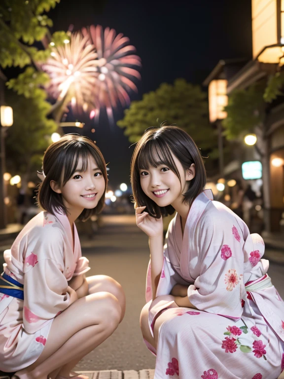 ２People Girls, Light pink Japanese yukata、16 and 14 years old、geta、((Riverbank))、(((Both of them are squatting with the hems of their yukatas lowered to their feet.)))、(((firework)))、night、Short Hair、bangs、A large pink monochromatic flower pattern on a yukata、Very cute face、Very cute smile、night、depth of field, first-person view, f/1.8, 135mm, Nikon, UHigh resolution, retina, masterpiece, Accurate, Anatomically correct, Attention to detail, Super Detail, high quality, 最high quality, High resolution, 1080P, High resolution, 4K, 8k