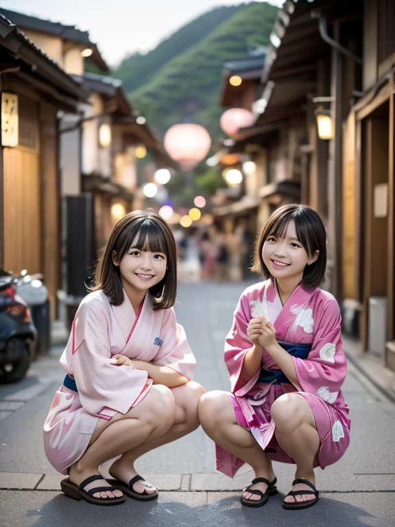 ２People Girls, Light pink Japanese yukata、16 and 14 years old、geta、((Riverbank))、(((Both of them are squatting with the hems of their yukatas lowered to their feet.)))、(((firework)))、night、Short Hair、bangs、A large pink monochromatic flower pattern on a yukata、Very cute face、Very cute smile、night、depth of field, first-person view, f/1.8, 135mm, Nikon, UHigh resolution, retina, masterpiece, Accurate, Anatomically correct, Attention to detail, Super Detail, high quality, 最high quality, High resolution, 1080P, High resolution, 4K, 8k