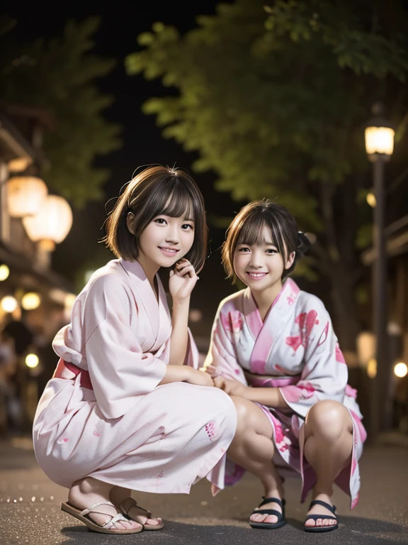 ２People Girls, Light pink Japanese yukata、16 and 14 years old、geta、((Riverbank))、(((Both of them are squatting with the hems of their yukatas lowered to their feet.)))、(((firework)))、night、Short Hair、bangs、A large pink monochromatic flower pattern on a yukata、Very cute face、Very cute smile、night、depth of field, first-person view, f/1.8, 135mm, Nikon, UHigh resolution, retina, masterpiece, Accurate, Anatomically correct, Attention to detail, Super Detail, high quality, 最high quality, High resolution, 1080P, High resolution, 4K, 8k