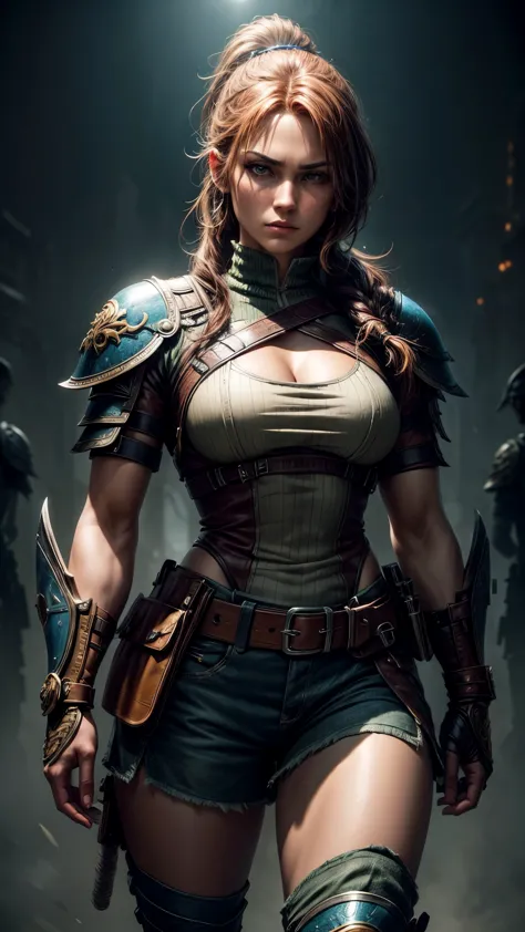 a highly detailed and dynamic character portrait of a female warrior, standing tall and proud, her fighter companion by her side, reminiscent of Leon Kennedy from the video game series, vibrant colors, masterful lighting, intricate details, photorealistic