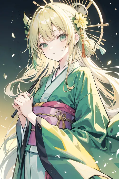 green hair girl, kimono-like ability, fluffy, relaxed atmosphere, small, expressionless, combination, blonde girl