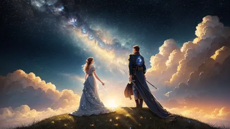 (((masterpiece))),Best Quality, illustration, sky, cloud, star \(symbol\),1 man, 1 girl, couple, intimate, lovers, evening, offi...