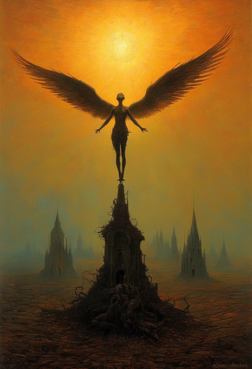 Mythical creatures, author：Zdzislaw Beksiński、Angels and Demons、Wasteland