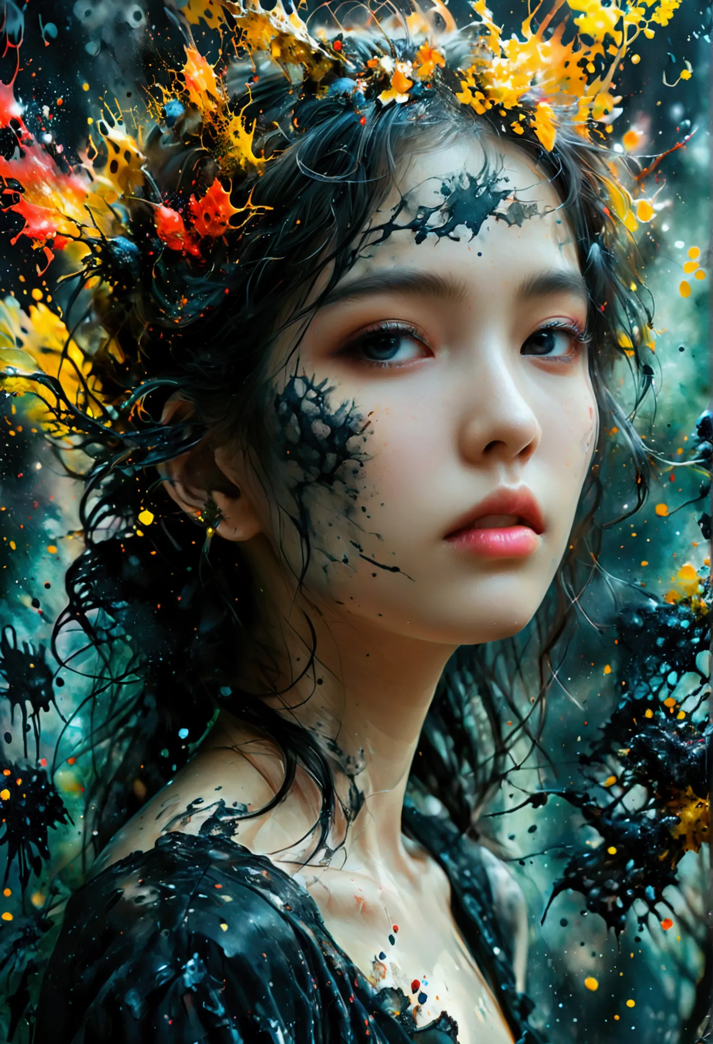 (((in dark fantasy ink splatter art:1.3))), beautiful girlfriend portrait, mesmerizingly beautiful scenery appears, chaotic blac...