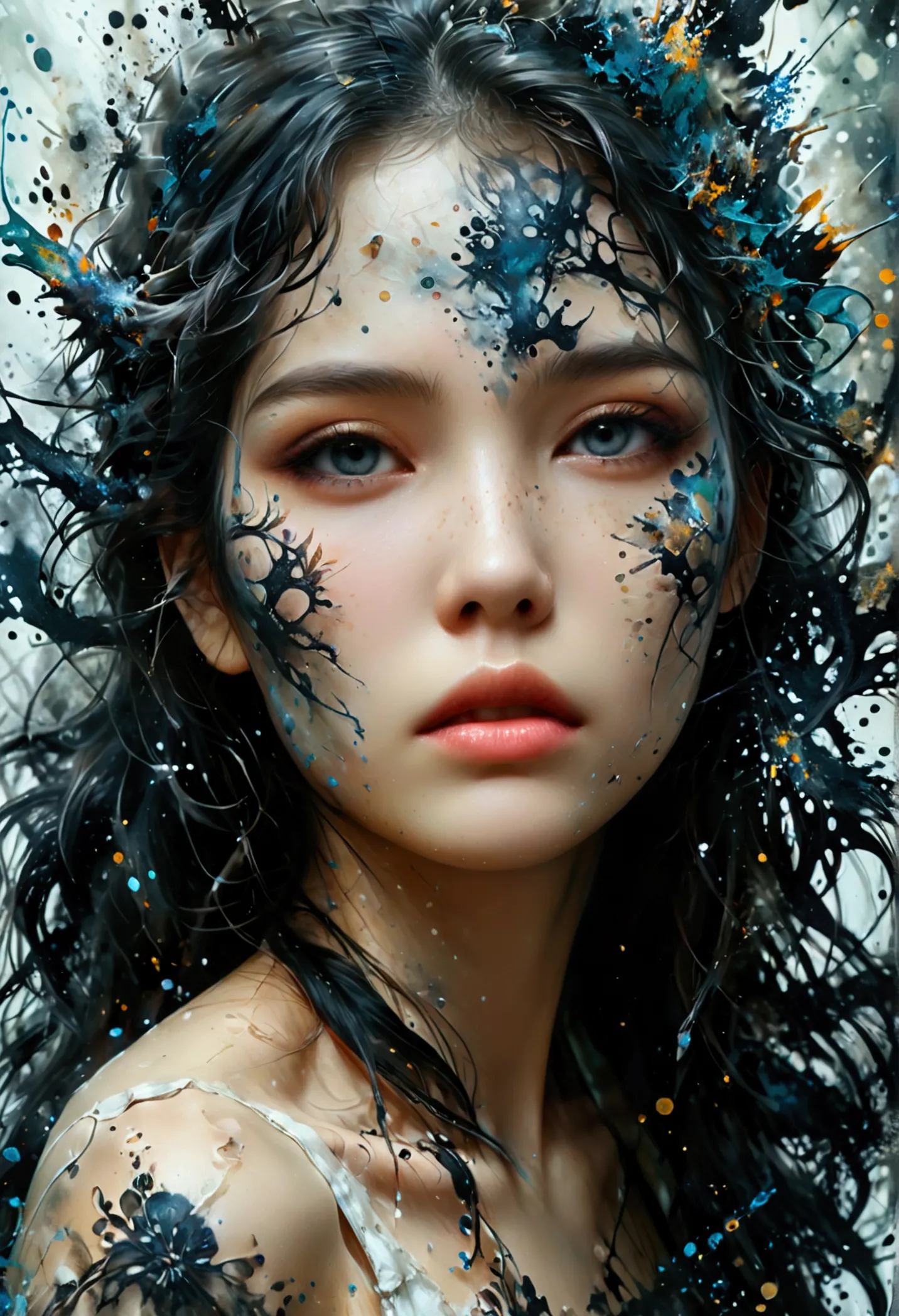 (((in dark fantasy ink splatter art:1.3))), beautiful girlfriend portrait, mesmerizingly beautiful scenery appears, chaotic blac...