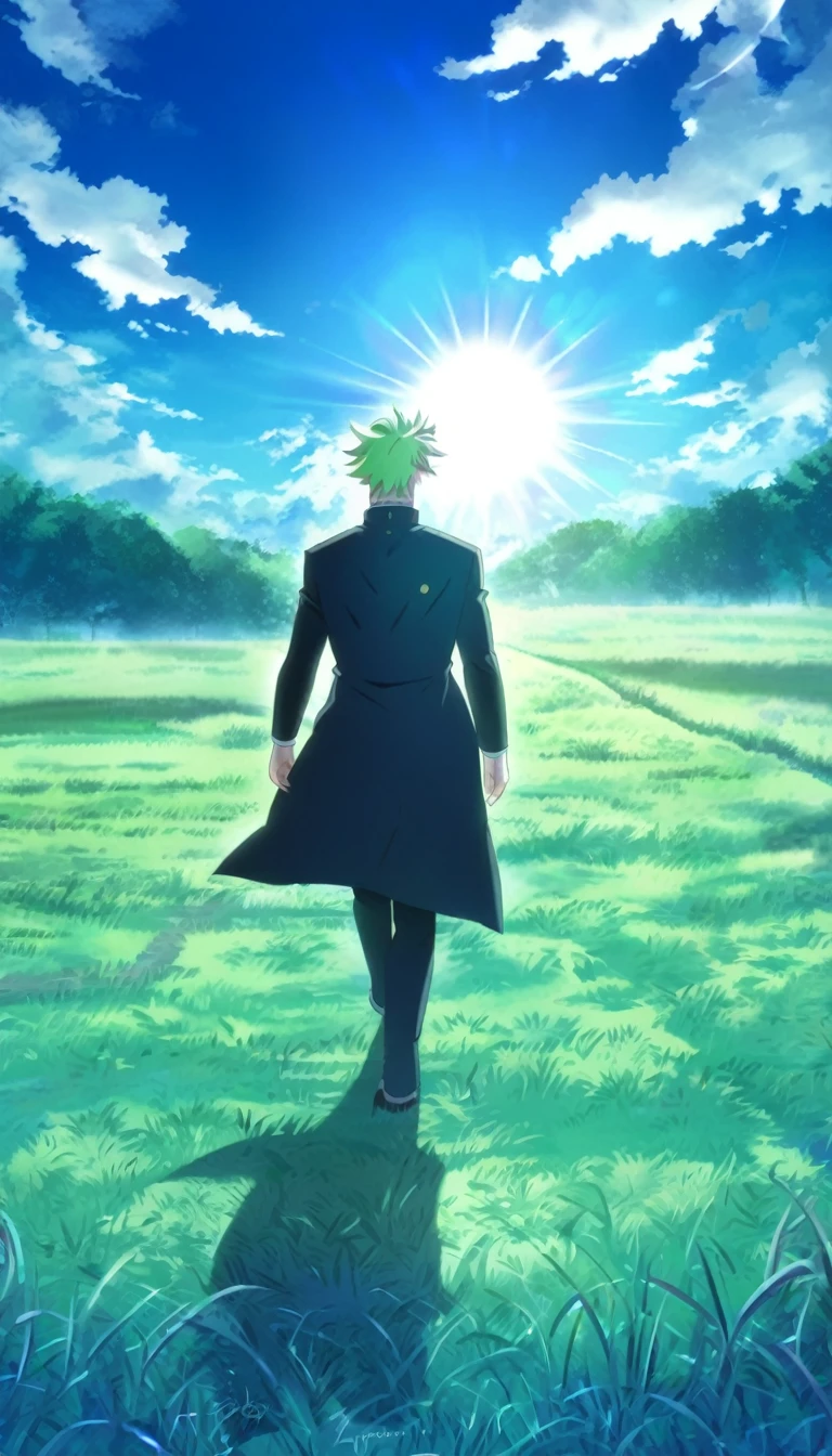 Satoru Gojo from Jujutsu Kaisen, recreated in exact likeness, standing in a lush green grass field, wearing his signature eye cover with sharp, defined facial features and his iconic defiant expression. The background features a clear blue sky with a few fluffy clouds and a bright sun shining, creating dramatic shadows and highlights. The scene is tranquil, with rolling green hills and a pathway leading through the grass.