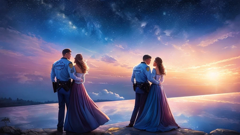 (((masterpiece))),Best Quality, illustration, sky, cloud, star \(symbol\),1 man, 1 girl, couple, intimate, lovers, evening, officer, evening sky, star y sky, Vibrant color scheme, luz outfit,(warm color:1.2),watercolor painting, light background, Best Quality exquisite details, 3D rendering,r octane straightening, plano general, from behind