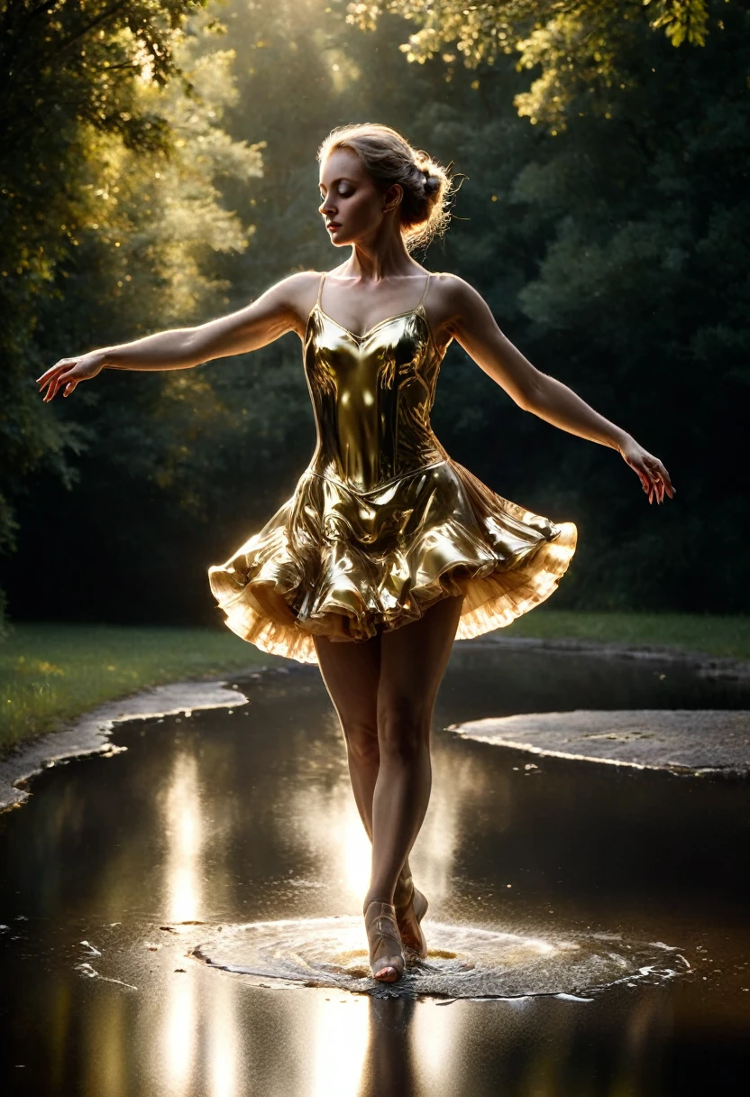 (mercure composé d'une ballerine : 1.8) rising from a puddle of liquid mercury, extremely shiny and smooth surface texture, surface polie, reflective, angle de 45 degrés par rapport à l'avant, classical dance pose, Danser sous une pluie de mercure, goute de mercure, masterpiece, best quality, 1fille, bare, Delicate face, white skinned woman, Silhouette transparente, golden dress, tout le corps,Outside,shadowy,Blurred background, Dé-focalisation de l'arrière-plan 