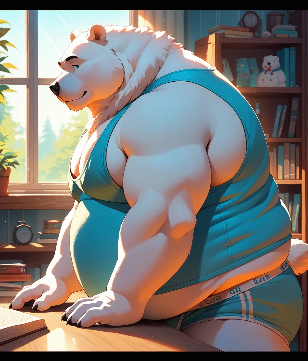 (cute, fat, obese, anthro, male, polar bear), nude, (((cropped cyan tank top, cyan briefs))), room, window, book shelf, table, sunlight, ambient lighting, full of effects, centered, dynamic, highly detailed, intricate details, side view, detailxl 
