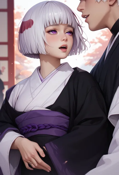 ((Masterpiece)), 1girl, 1boy is wearing a hoodie, hentai, ((girl and boy is having sex)), (((uraume, bob cut, purple eyes
japane...