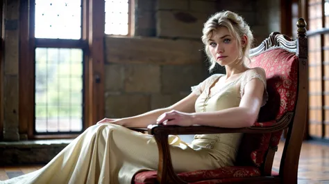 ((imogen poots)), medieval queen, serious expression,

dull lighting, sitting on a throne, 3/4 angle,

75mm, technicolor, panavi...