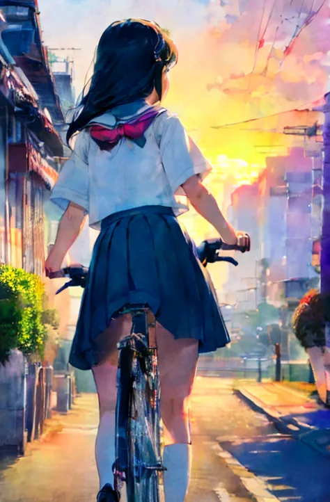 (masterpiece, Highest quality:1.2), reality、girl on a bicycle， alone、Junior high school girl，low length，Summer uniform、Flutterin...