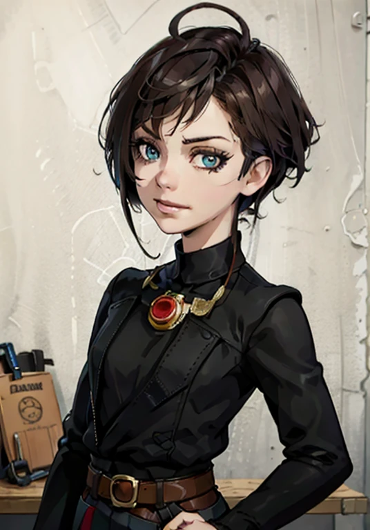 (high-quality, breathtaking),(expressive eyes, perfect face) Symmetrical Eyes, portrait, Star Wars Universe, 1girl, female, adult, mechanic, punk jacket, shirt, short sleeved, gloves, pants, belt, wrench, crystals on belt, messy hair, black hair color, brown eye color, short hair length, stylized hairstyle, pixie haircut, tall, technician outfit, engineer, workshop background, work bench, tools, mature, narrow eyes, dog tag necklaces, slight smirk
