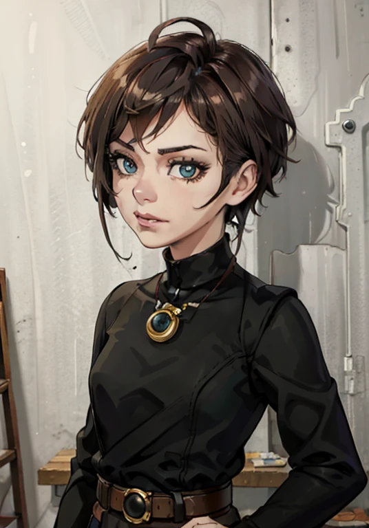 (high-quality, breathtaking),(expressive eyes, perfect face) Symmetrical Eyes, portrait, Star Wars Universe, 1girl, female, adult, mechanic, punk jacket, shirt, short sleeved, gloves, pants, belt, wrench, crystals on belt, messy hair, black hair color, brown eye color, short hair length, stylized hairstyle, pixie haircut, tall, technician outfit, engineer, workshop background, work bench, tools, mature, narrow eyes, dog tag necklaces, slight smirk
