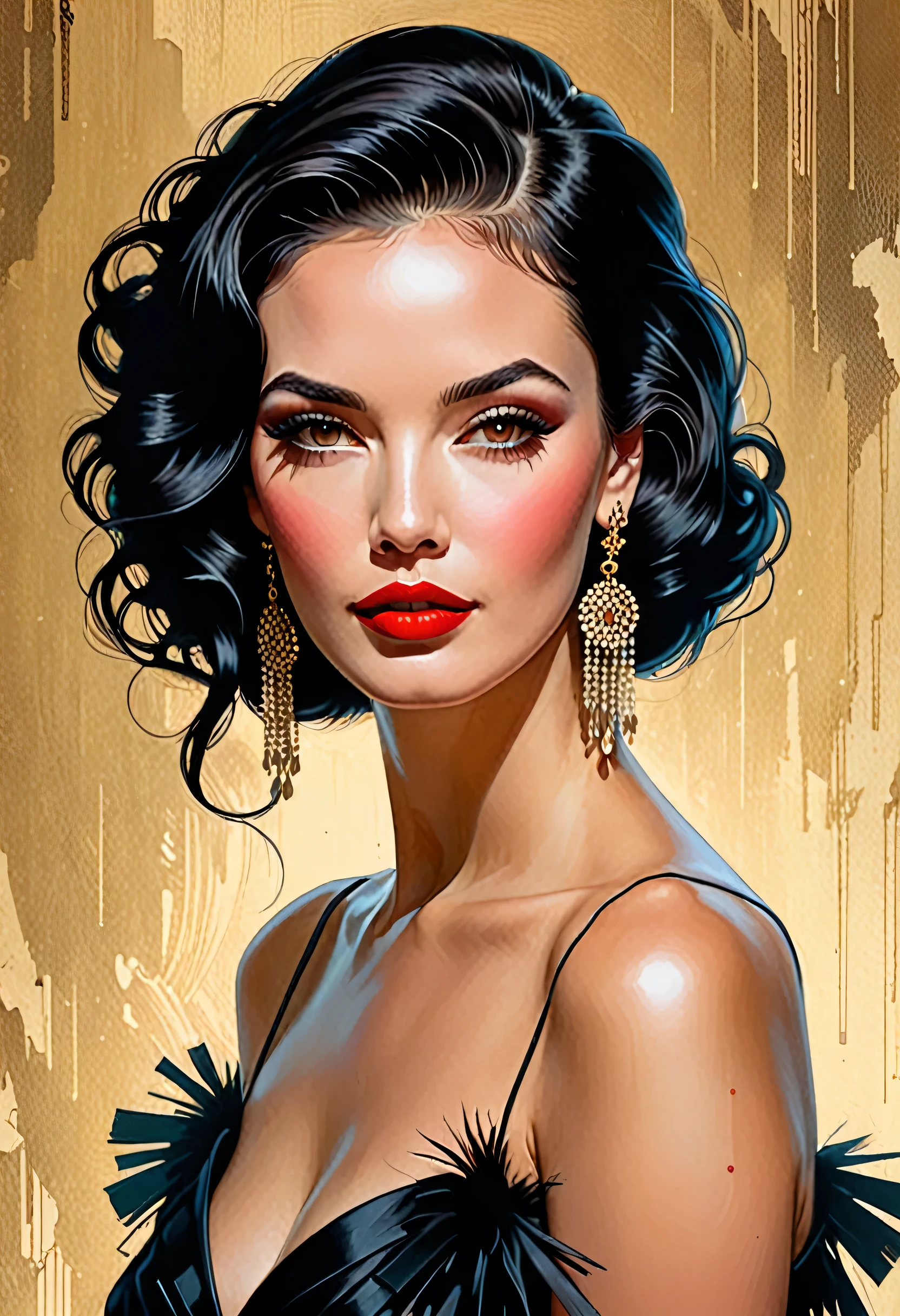 there is A womAn with A tAttoo on her Arm And red lipstick, portrAit of the Art work of mArtin Ansin, stunning digitAl illustrAtion, Artistic style tom bAgshAw, Arte pin-up, Stunning works of Art, Arte de ilustrAção, by GAlen DArA, Artgerm And tom bAgshAw, Tom BAgshAw-style, rob rey And kentArõ miurA style, Art tom bAgshAw, A ((dArk film)) portrAit pAinting looking At the cAmerA with A subtle smile, She is weAring red lipstick And smAll blAck eArrings And hAs bAre shoulders And ((奢華的滑稽幻覺, tAssels )), light shAft, full - length portrAit, por Gedimin PrAnckevicius, JeAn GirAud, RussiAn mills, CArne Griffiths, 閃耀光芒