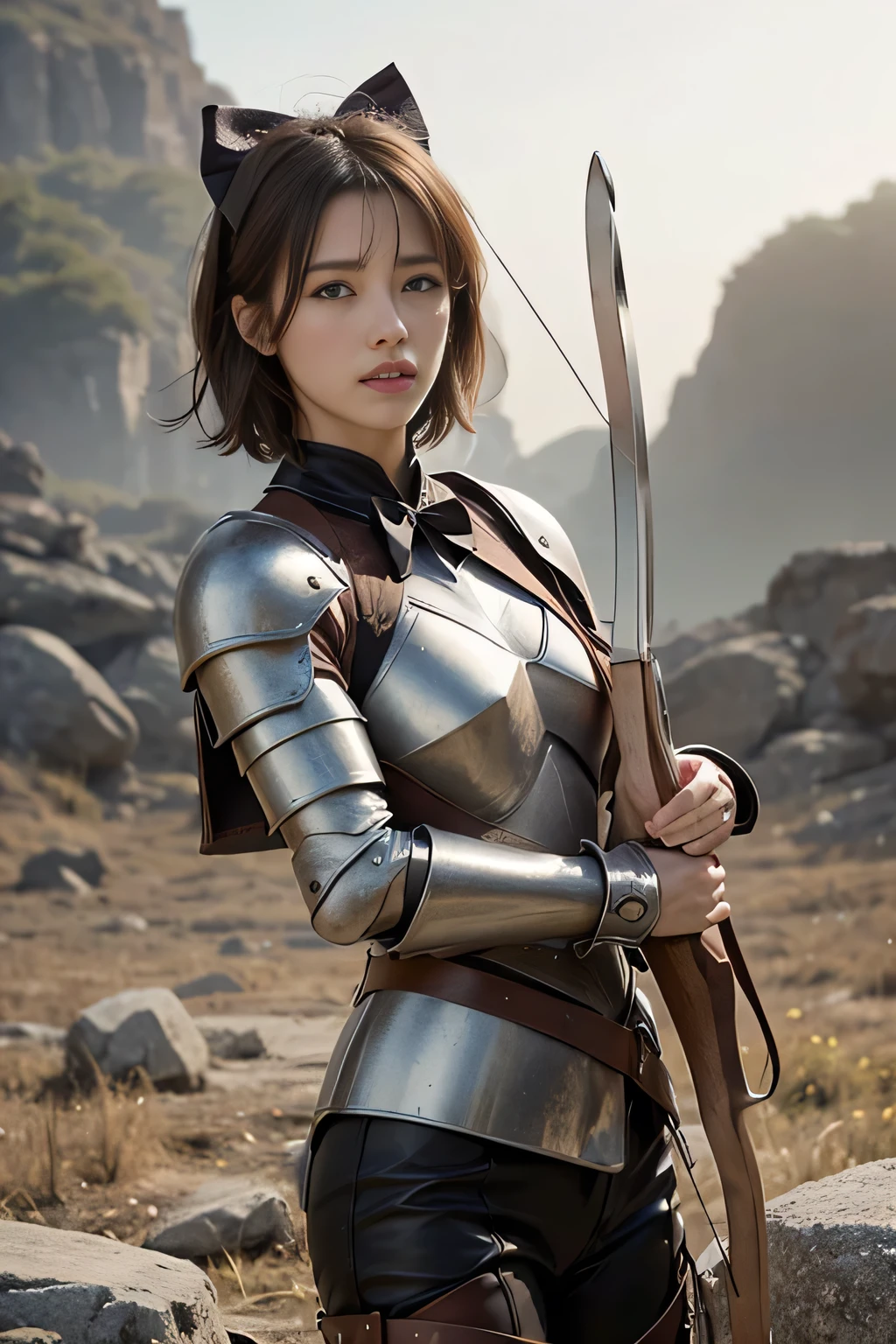 8k,A female adventurer from another world,so beautiful(Like the real thing),((Girl in leather armor:1.4)),((A woman with short brown hair:1.4)),blue eyes,((Woman shooting with a stone crossbow:1.5))、Brown combat trousers,Dagger on hip,Walking in mountainous areas,Perfect Face,Perfect hand shape,charm,Volume measurement,Body balance,超High resolution,super Realistic skin,Digital single-lens reflex camera, Soft lighting, high quality, Highly detailed face, Highly detailed eyes, highly detailed skin, skin, Scattered under the surface, Highly detailed face, Highly detailed eyes, Beautiful expression, Lip, Detailed Background, Written boundary depth, Small breasts、Volumetric Lighting, Sharp focus, Absurd, Realistic proportions, Excellent anatomy, (Realistic, 超Realistic:1.4), 16k hdr, dawn,High resolution,super Realistic skin,super Beautiful expression,Fantasy art,Character Art,Dynamic pose,compensate,Brown cloak,((Carrying a big bow:1.4)),